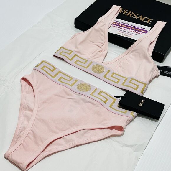 Versace Medusa Greca Border V Bralette and Panties Set Cotton Pink 2/ S NWT - Picture 1 of 11
